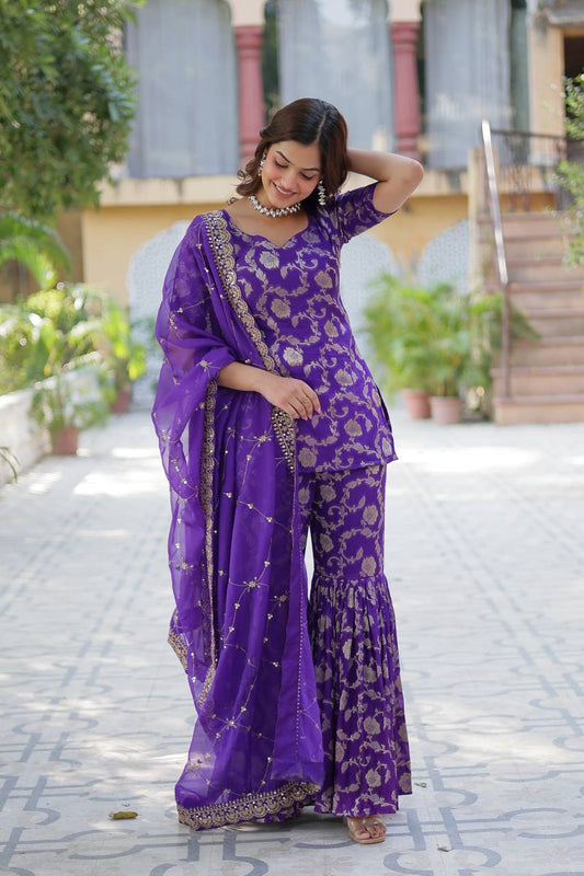 Purple color Viscose Georgette Jacquard sharara suit images