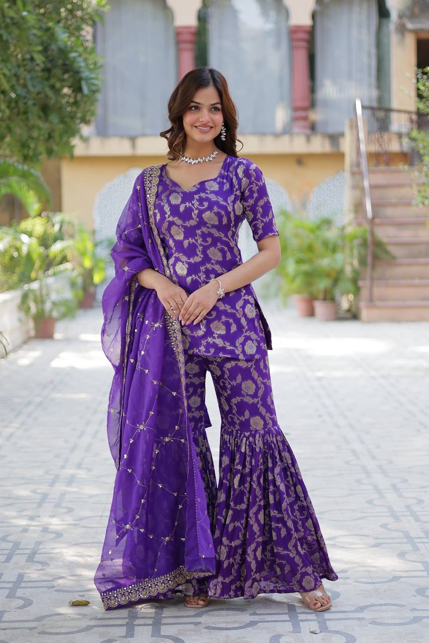 Purple color Viscose Georgette Jacquard sharara suit with dupatta