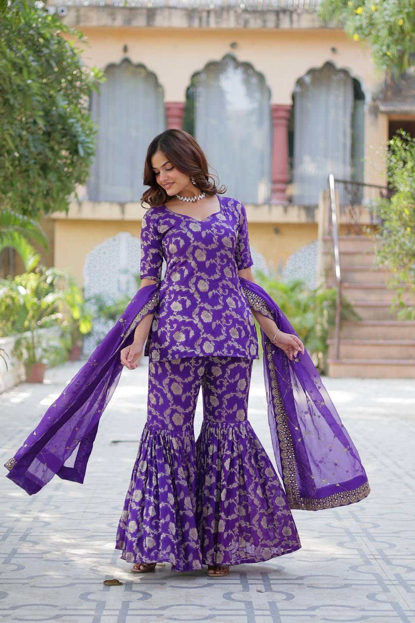 Purple color Viscose Georgette Jacquard sharara suit for wedding