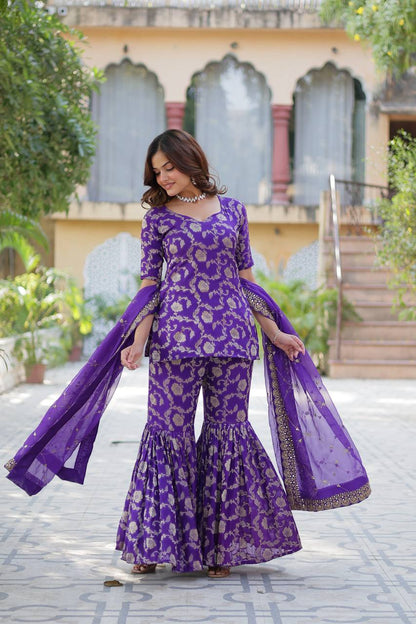 Purple color Viscose Georgette Jacquard sharara suit for wedding