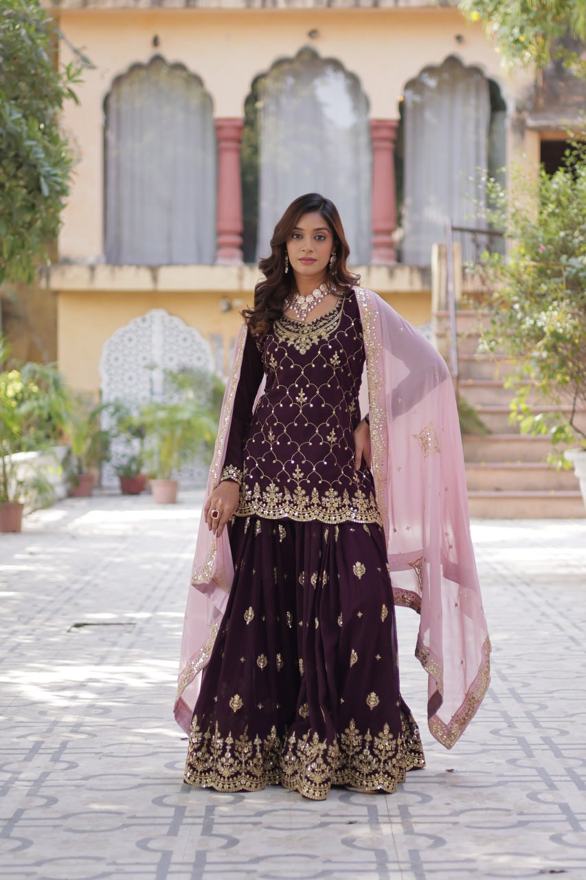 Wine color georgette sharara suit price
