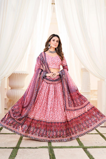 Pink color chinon printed lehenga choli online