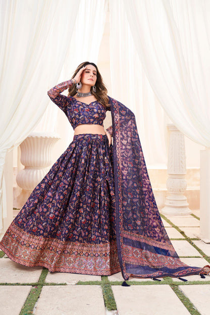 Navy blue chinon printed lehenga choli