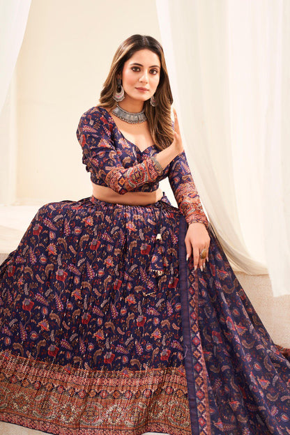 Navy blue chinon printed lehenga choli for wedding