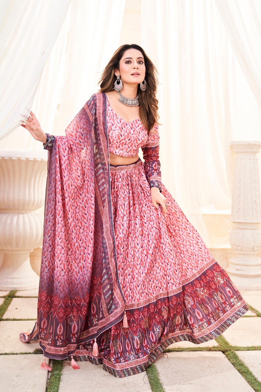 Pink color chinon printed lehenga choli price