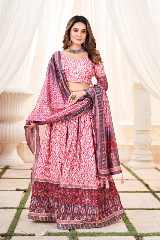 Pink color chinon printed lehenga choli for women