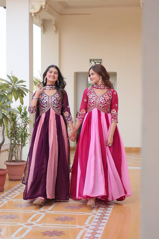 Pink Georgette embroidery work long gown for women