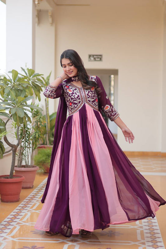 Wine color Georgette embroidery work long gown for wedding