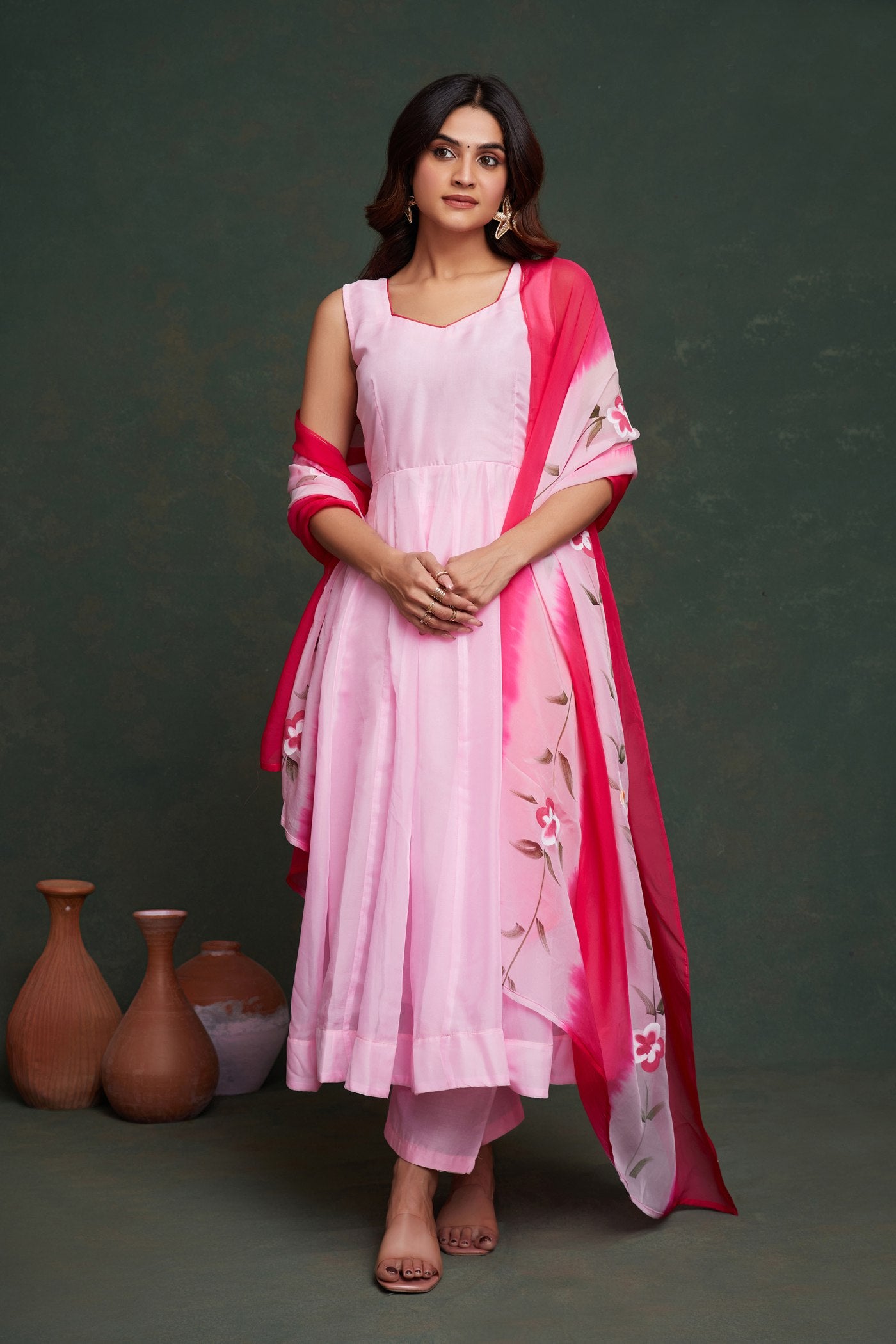 Pink color viscose organza anarkali gown online