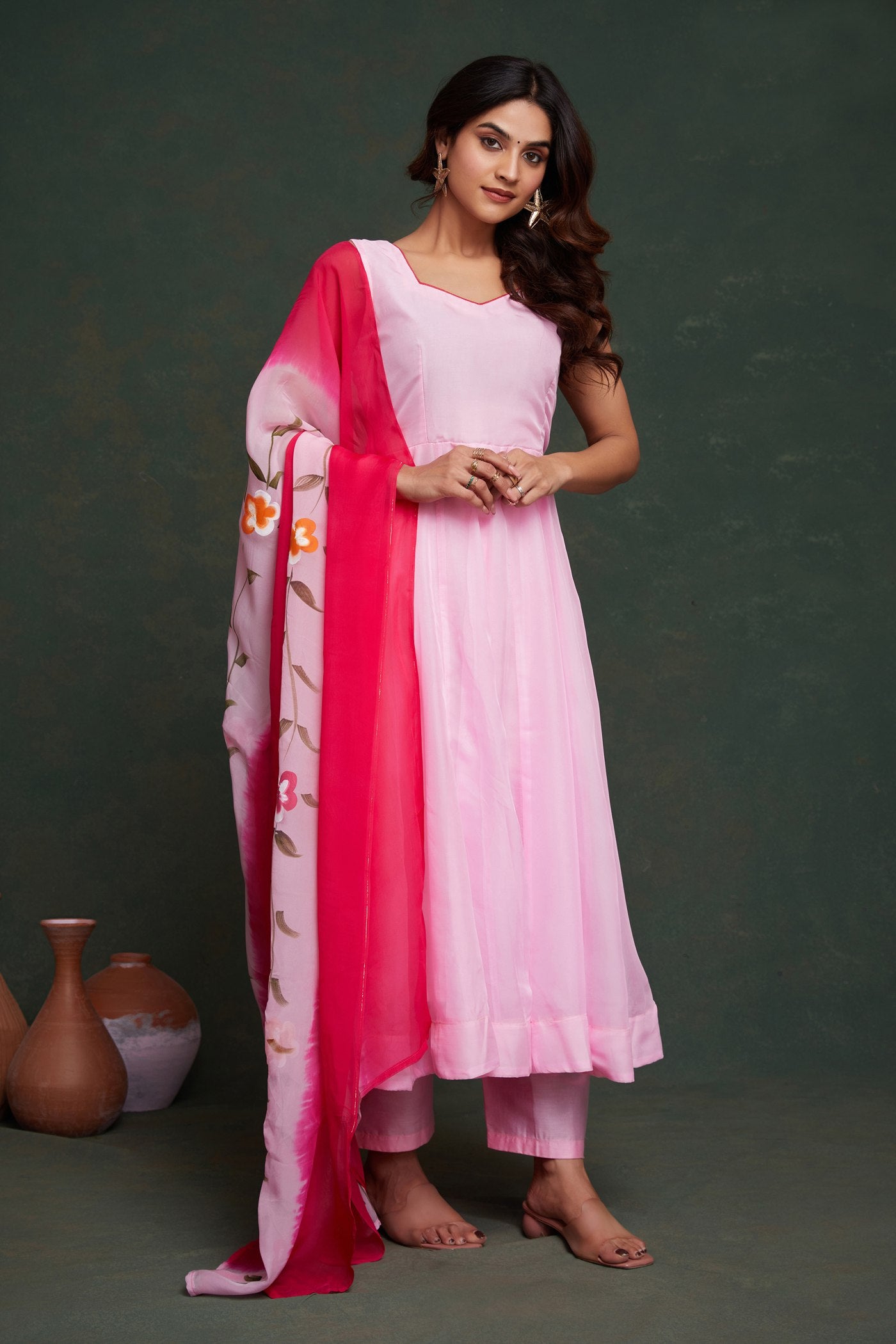 Pink color viscose organza long gown for women