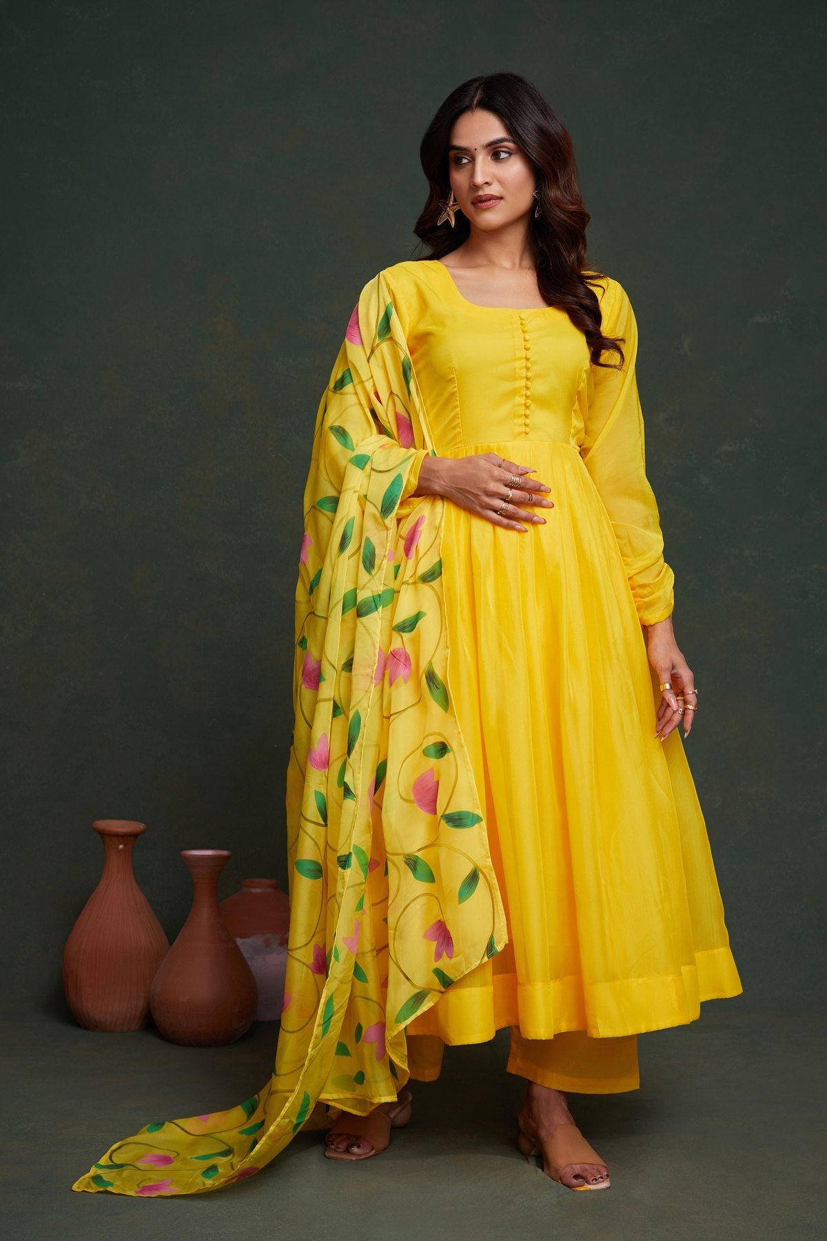 Yellow color viscose organza salwar suit price