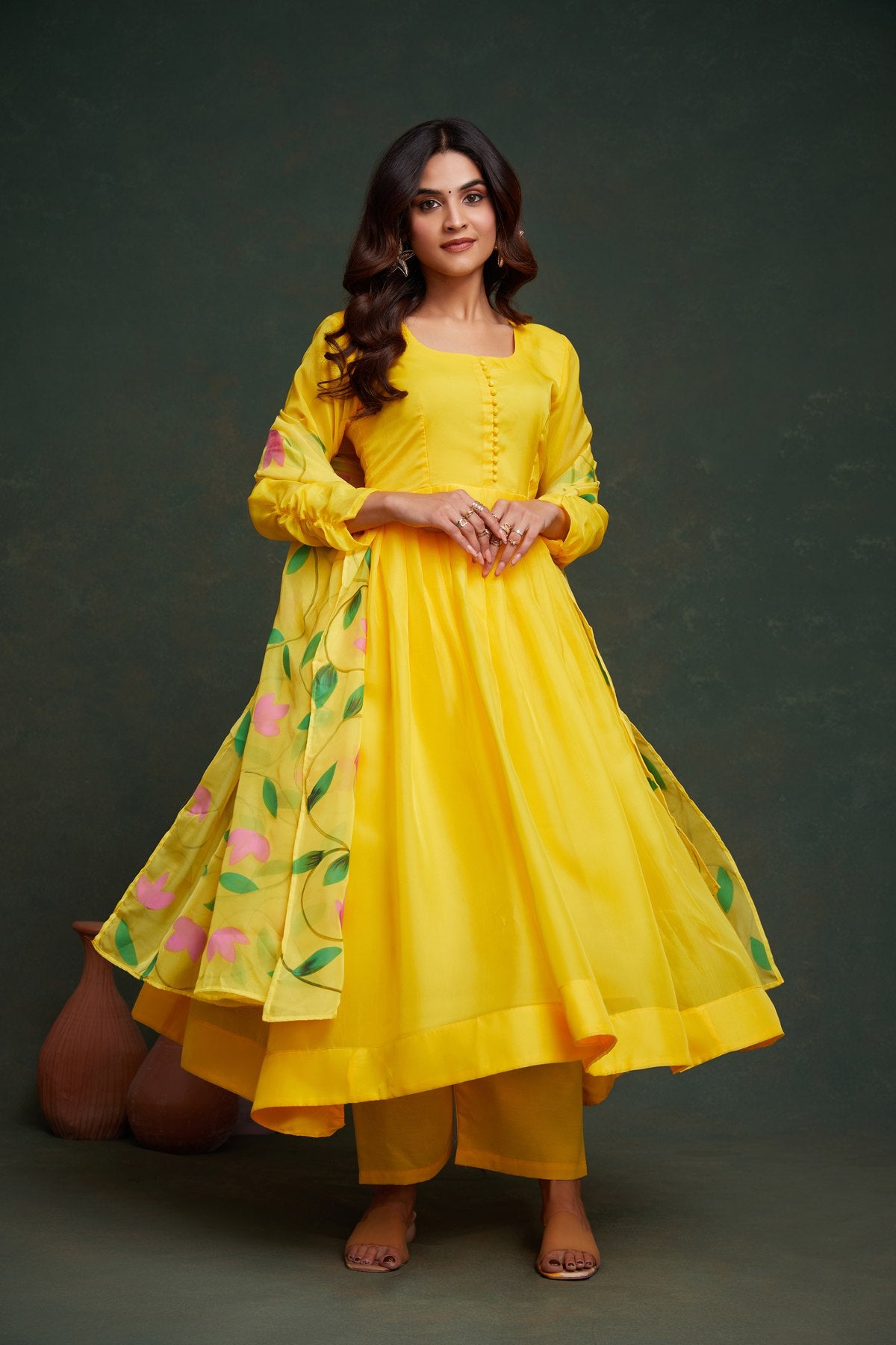 Yellow color viscose organza salwar suit online 
