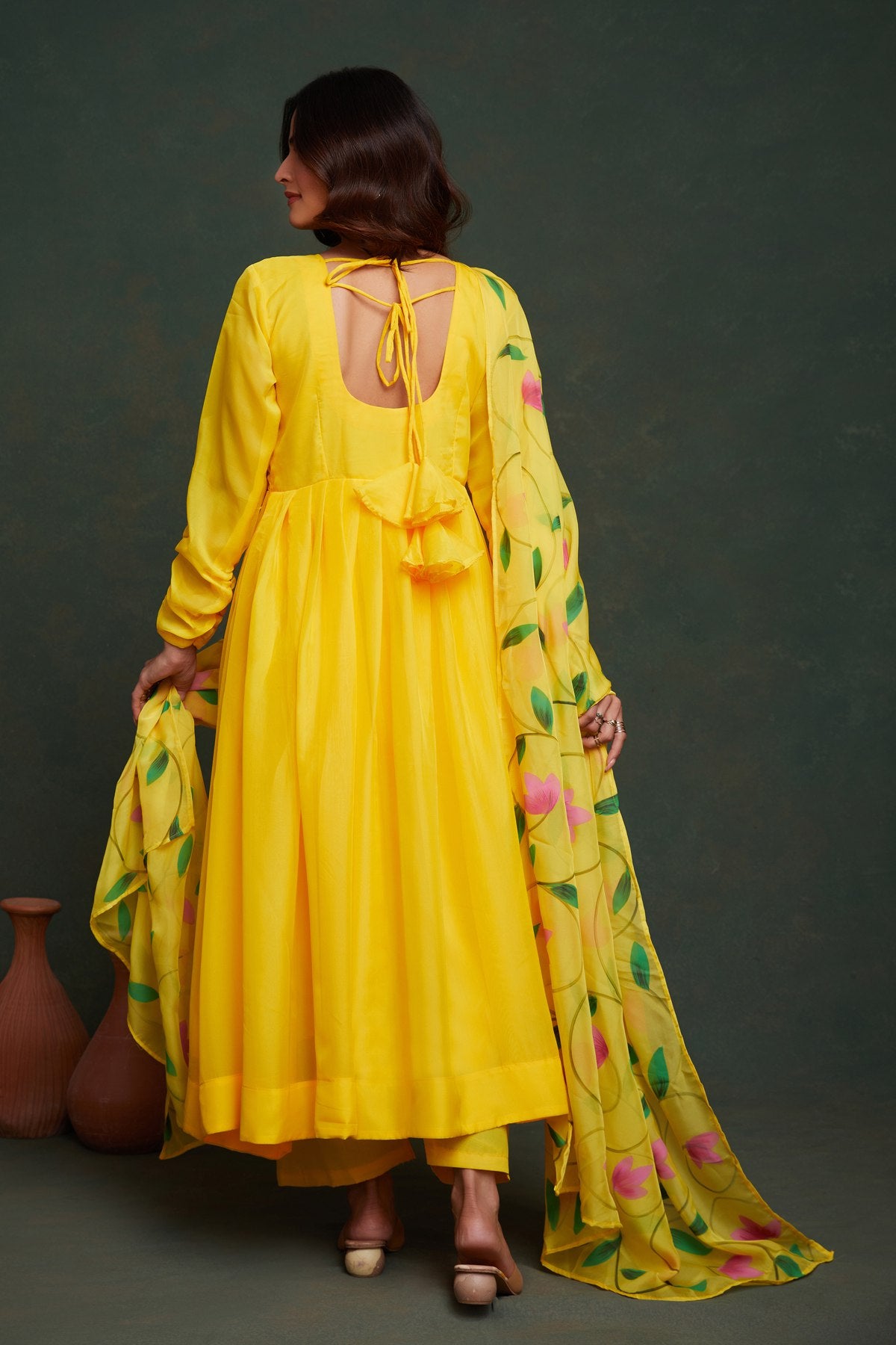 Yellow color viscose organza gown for haldi rasam