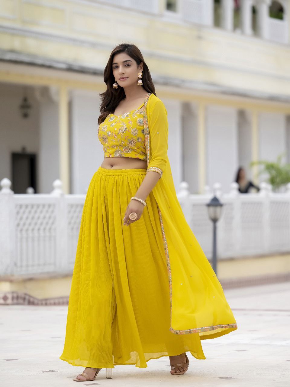 Yellow color georgette crop top with shrug online
