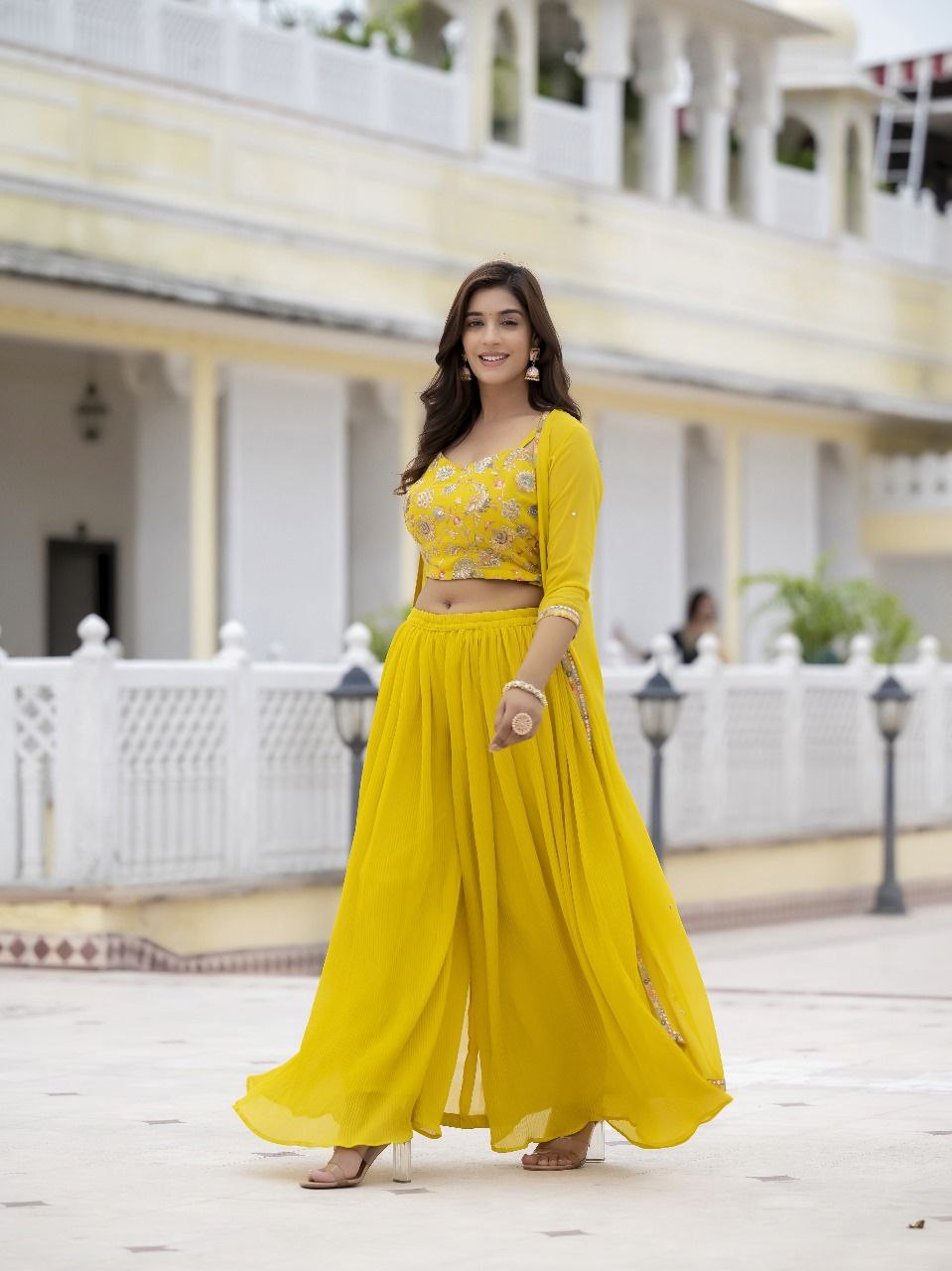Yellow color georgette crop top with shrug images
