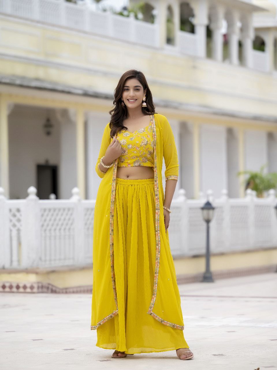 Yellow color georgette crop top with shrug for women 
