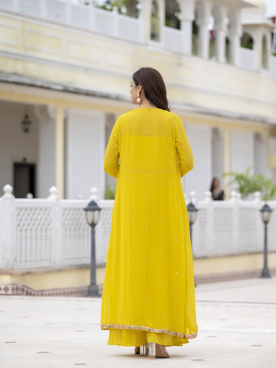 Yellow color georgette crop top with shrug price
