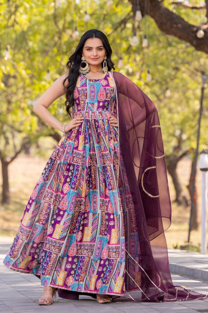 Purple Color soft organza long gown