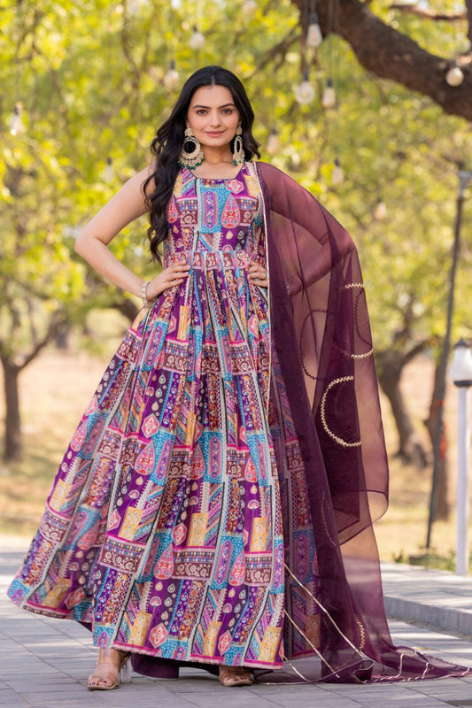 Purple Color soft organza long gown