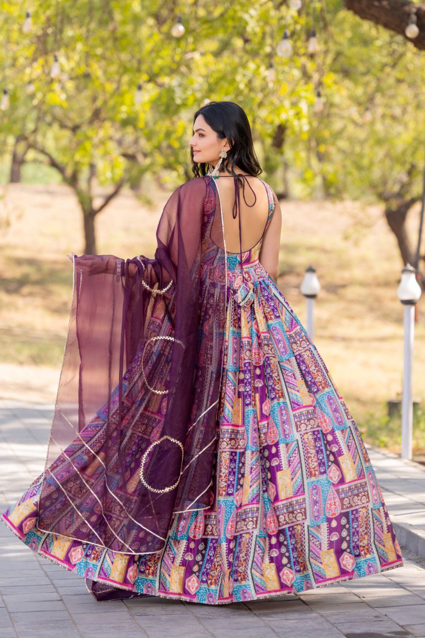Purple Color soft organza long gown images