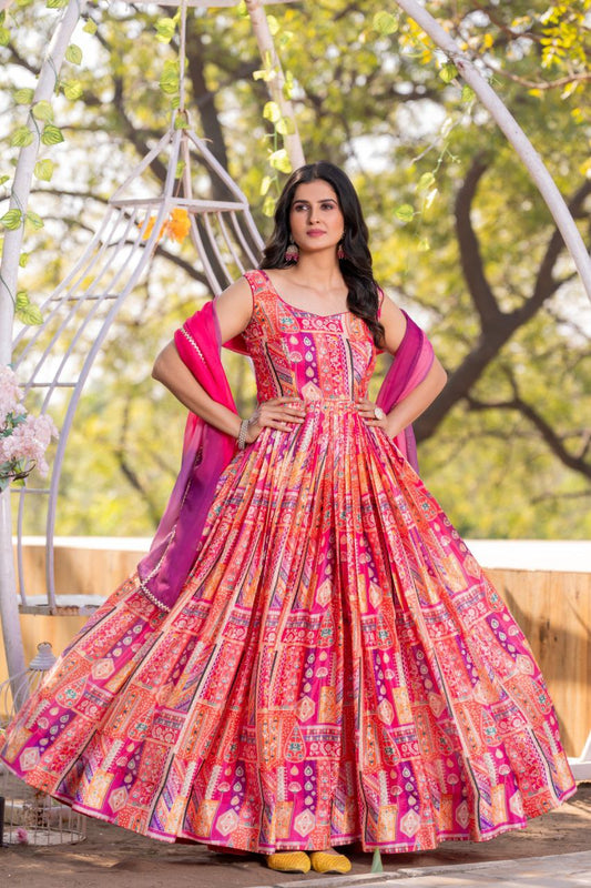 Pink color printed gown online 