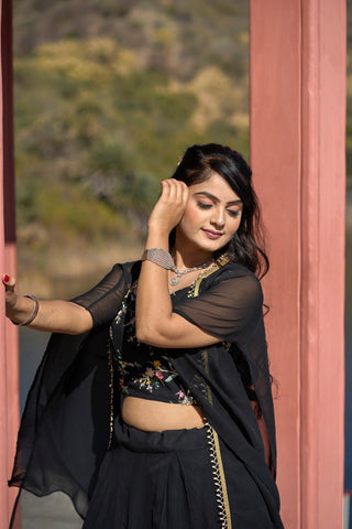 Stunning Black Color Georgette Readymade Lehenga Choli With Koti