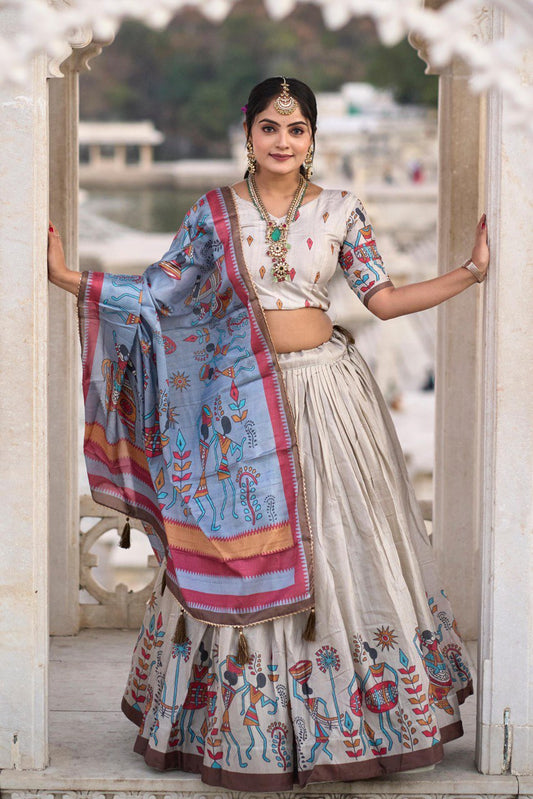 Cream color manipuri silk lehenga choli 