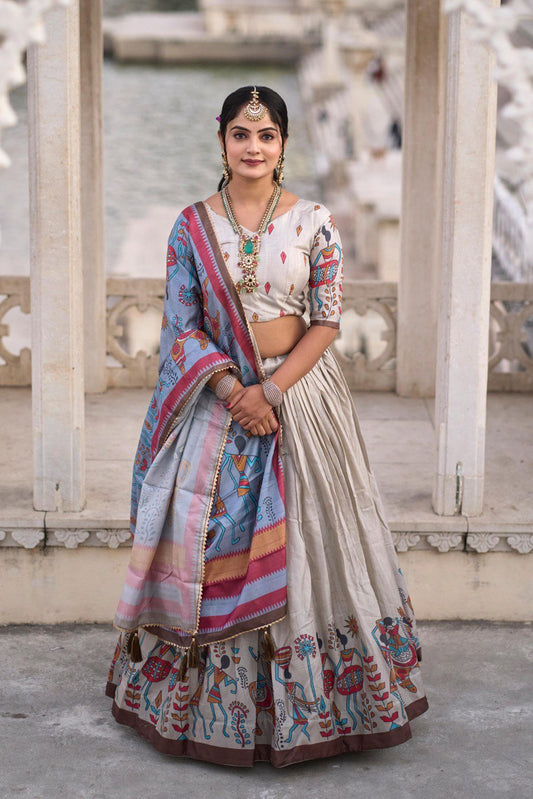 Cream color manipuri silk lehenga choli with dupatta
