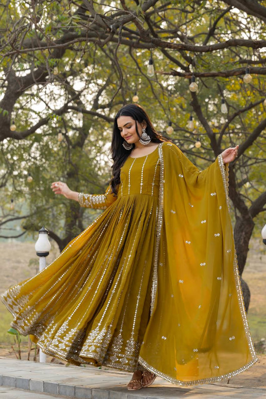 Green color readymade georgette long gown with dupatta