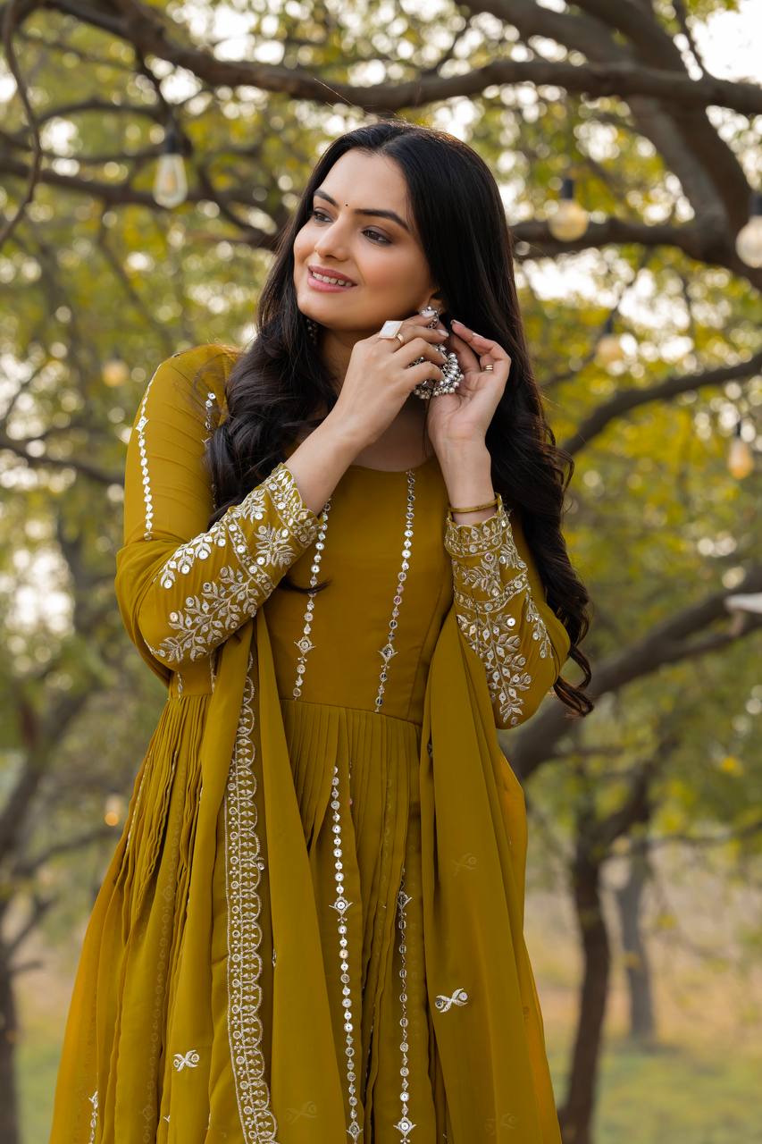 Green color readymade georgette long gown with dupatta for women