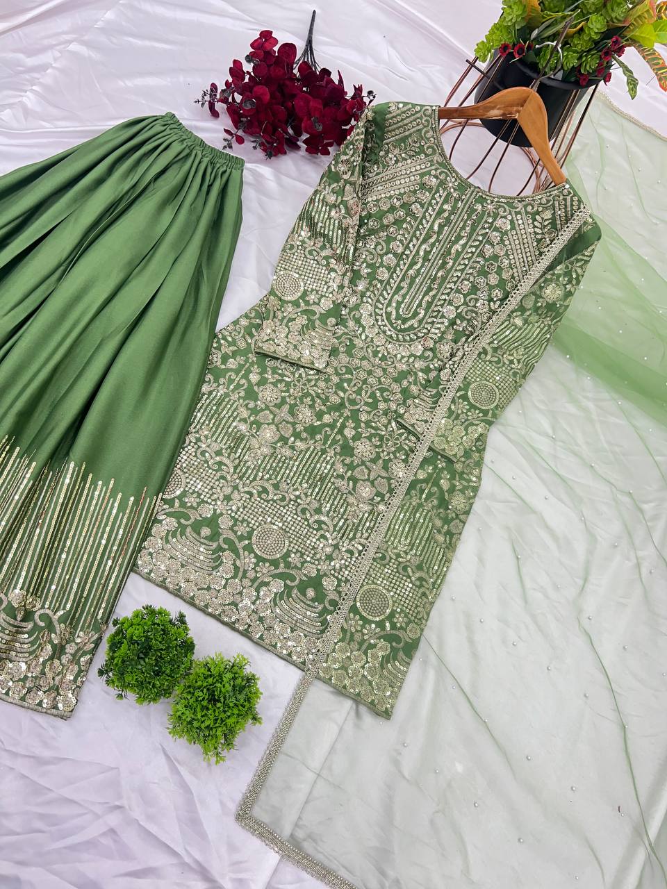 Green color chinon silk sharara suit for women