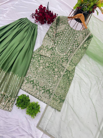 Green color chinon silk sharara suit for women