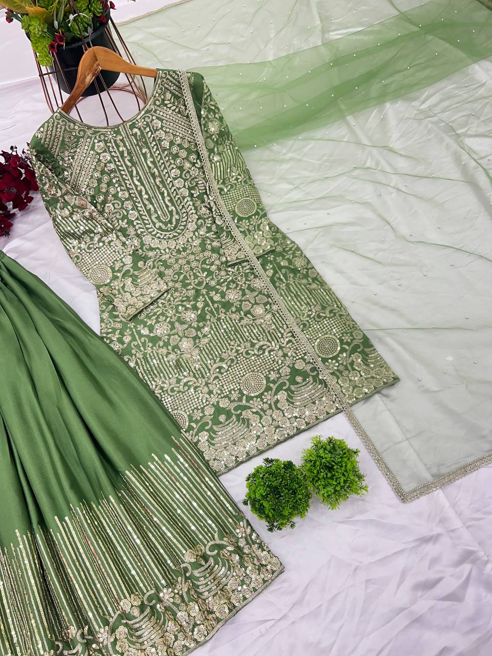Green color chinon silk sharara suit for wedding