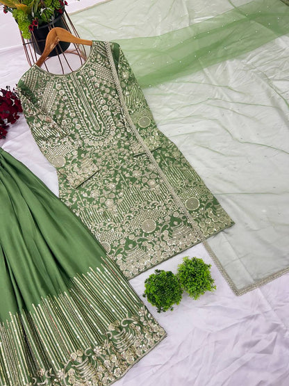 Green color chinon silk sharara suit for wedding