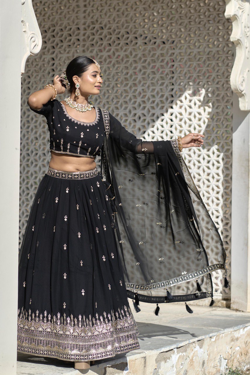 Black color georgette lehenga choli for wedding
