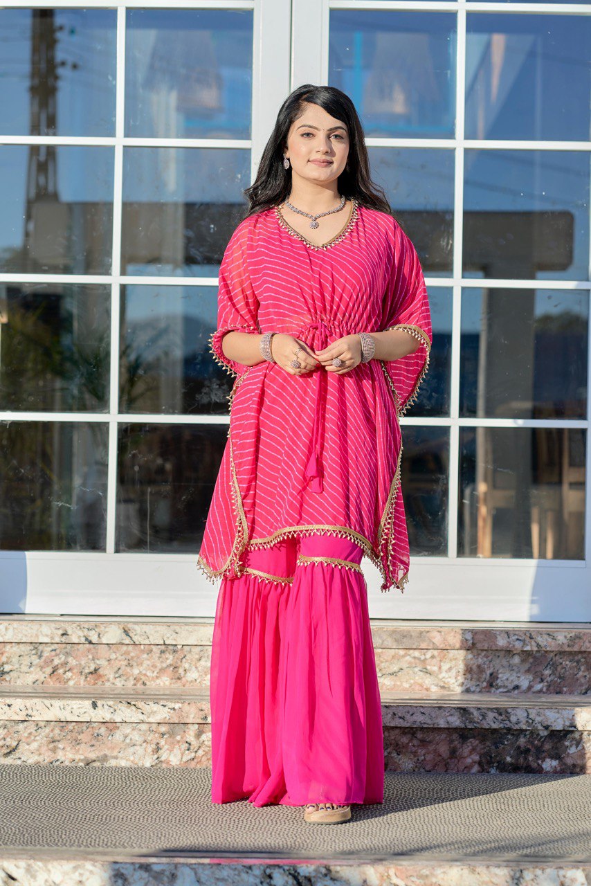 Pink color georgette kaftan with sharara suit price