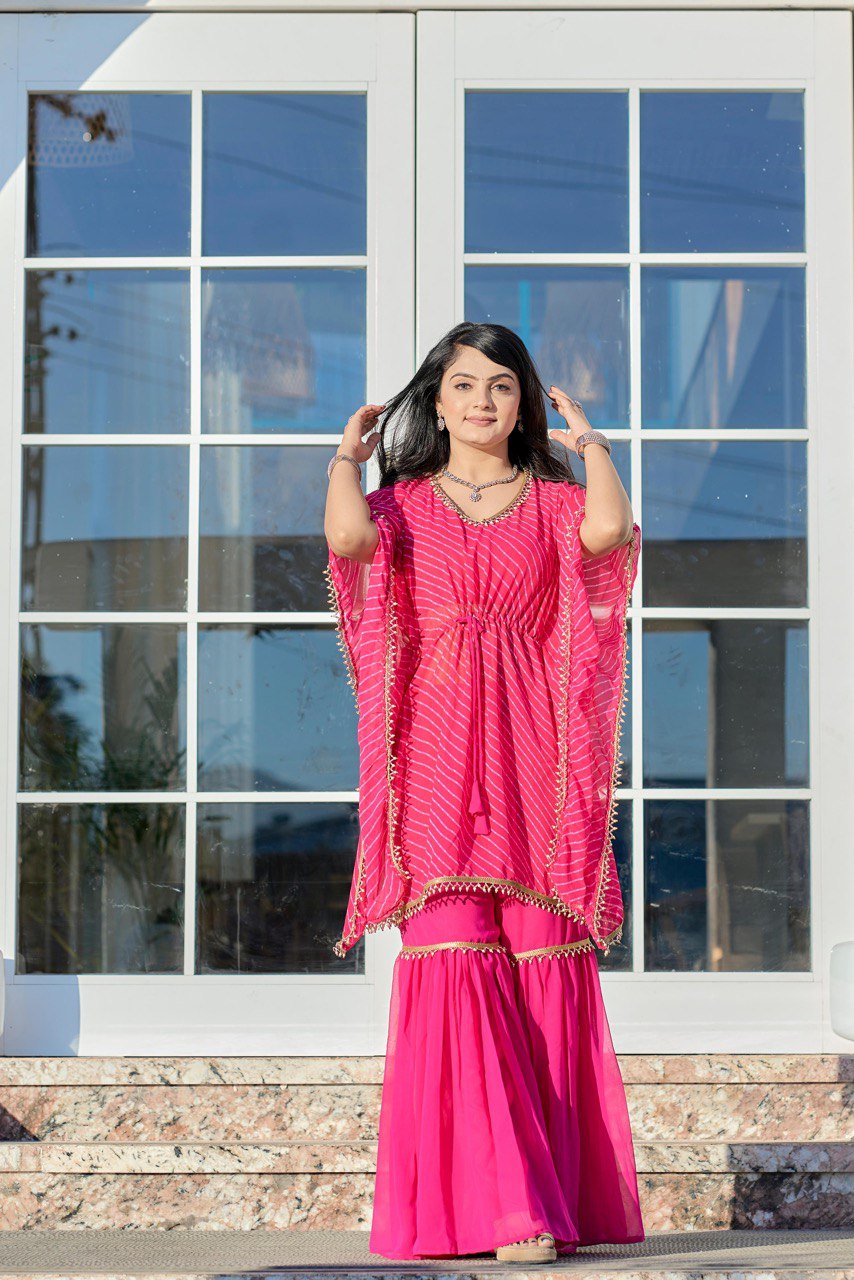 Pink color georgette kaftan with sharara suit images