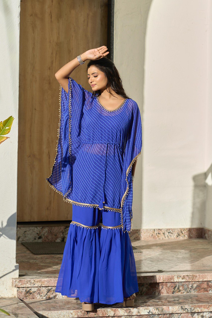 Adorable Blue Georgette Leheriya Printed Party Wear Sharara Suit