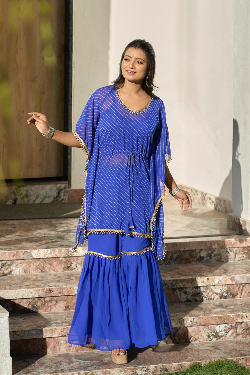 Blue color georgette kaftan with sharara suit images