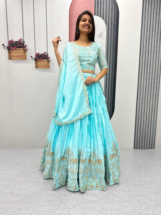 Sky color chinon lehenga choli for women