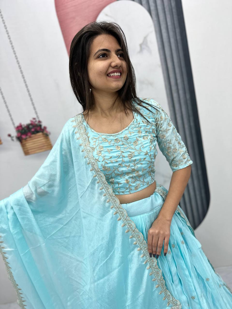 Sky color chinon lehenga choli online 