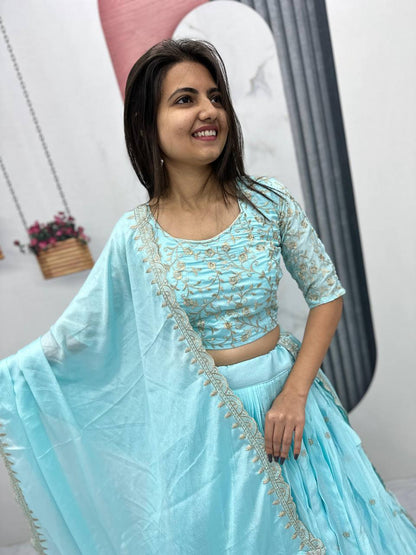 Sky color chinon lehenga choli online 