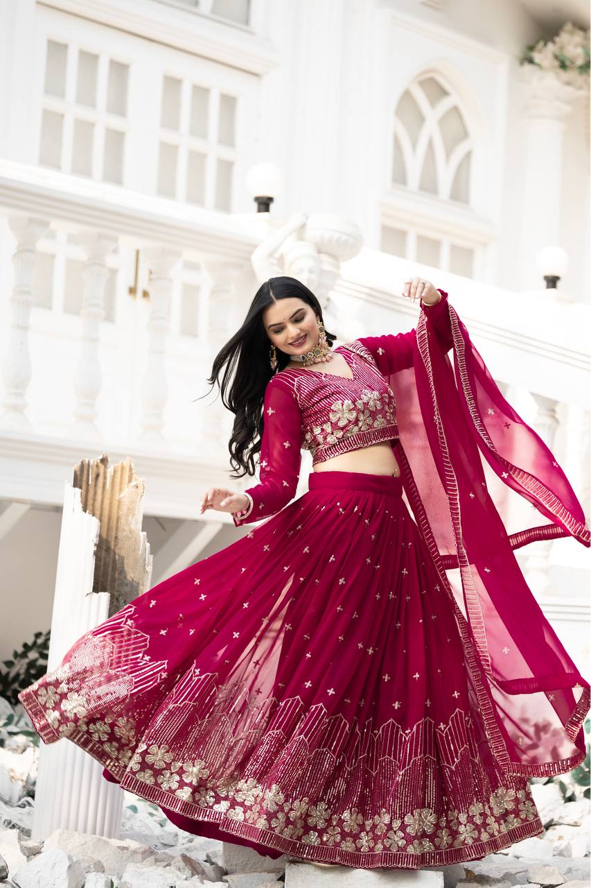 Red color georgette readymade lehenga choli images