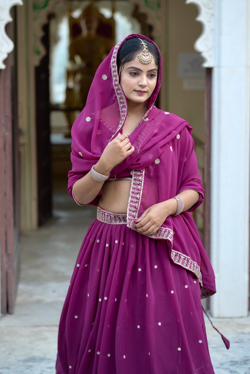 Wine color georgette lehenga choli with dupatta