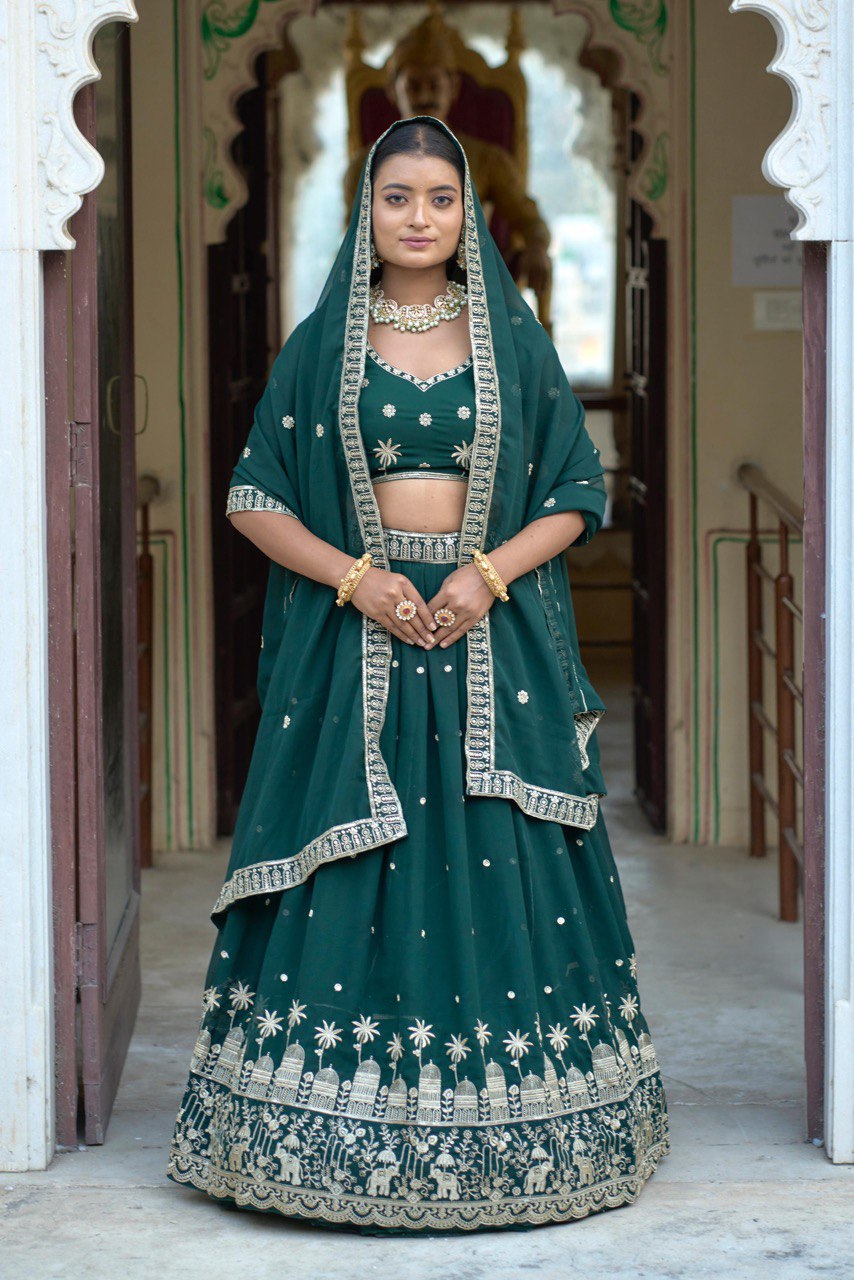 Dark green color georgette lehenga choli