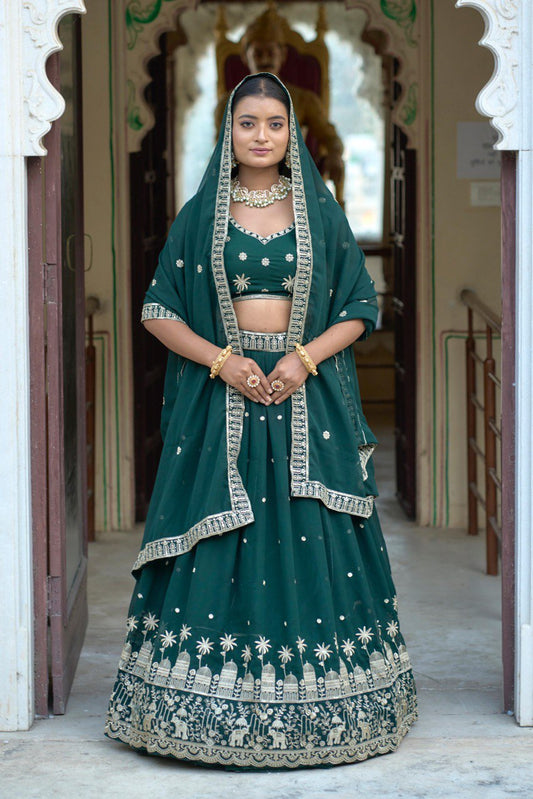 Dark green color georgette lehenga choli