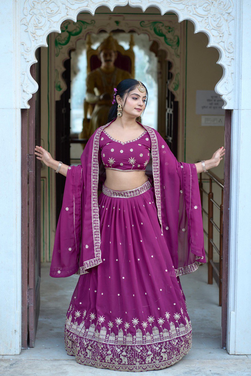 Wine color georgette lehenga choli online shopping