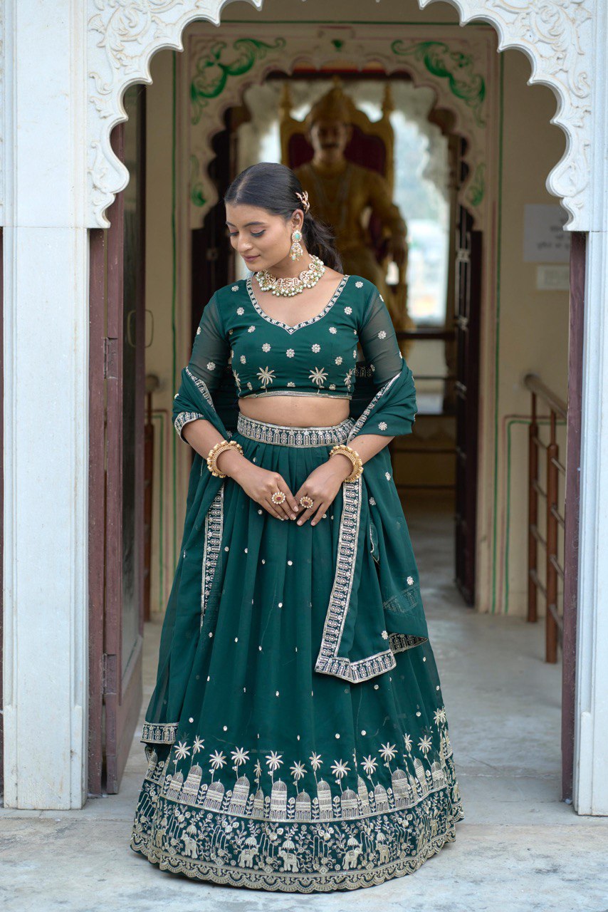 Dark green color georgette lehenga choli design look