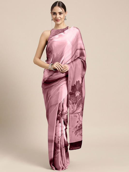 Pink color japan satin printed saree for women