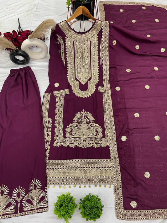 Wine color chinon silk sharara suit for women
